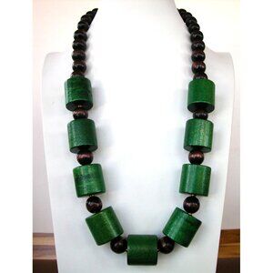 Wood Green & Brown Necklace 24", Wear On Closer